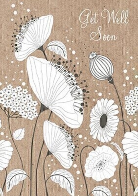 This Get Well Soon card from Paper Rose is sure to make someone feel better.  The front is covered in Poppies and Poppy Seed Heads in white behind a brown (kraft) background featuring Get Well Soon.  Inside the message reads Hope You Feel Brighter Soon and it comes complete with white envelope. 